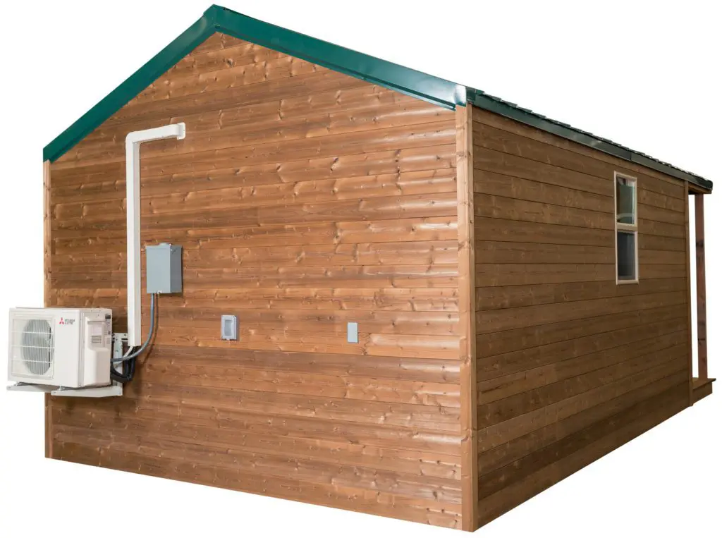 Back of Tiny Home showing electrical panel and air conditioner.