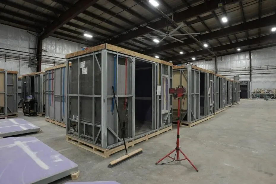View of multiple in progress modular bathroom pods
