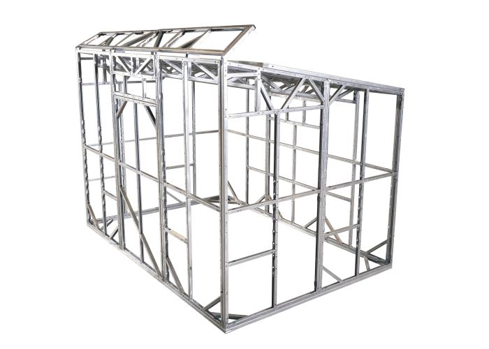Unfinished steel frame for greenhouse in warehouse by B & T Manufacturing.