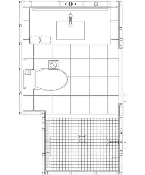 Top down view of a Workers moving a modular bathroom pod floor plan