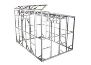 Unfinished steel frame for greenhouse in warehouse by B & T Manufacturing.