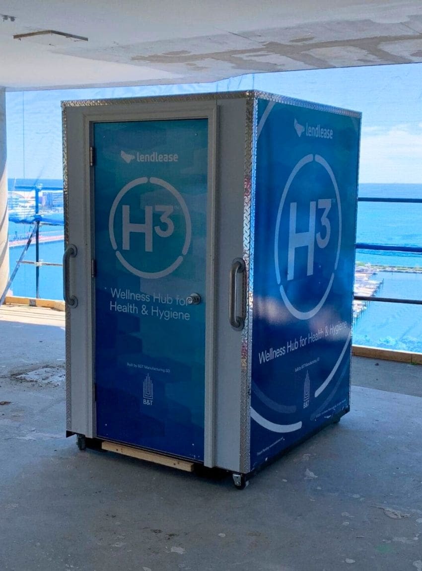 H³ Wellness Pod branded with Lendlease, located at an active job site.