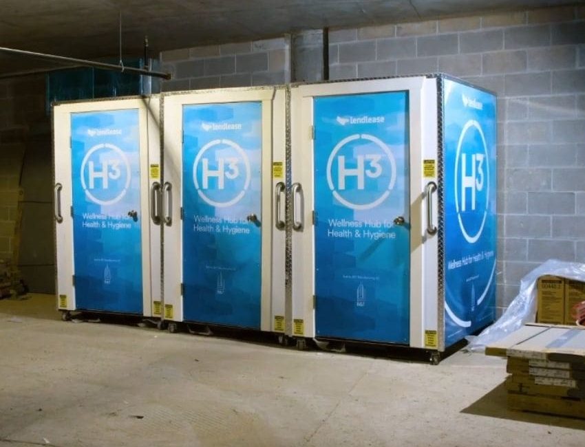 Three H³ Wellness Pods labeled for health and hygiene, each branded with Lendlease and placed side by side.